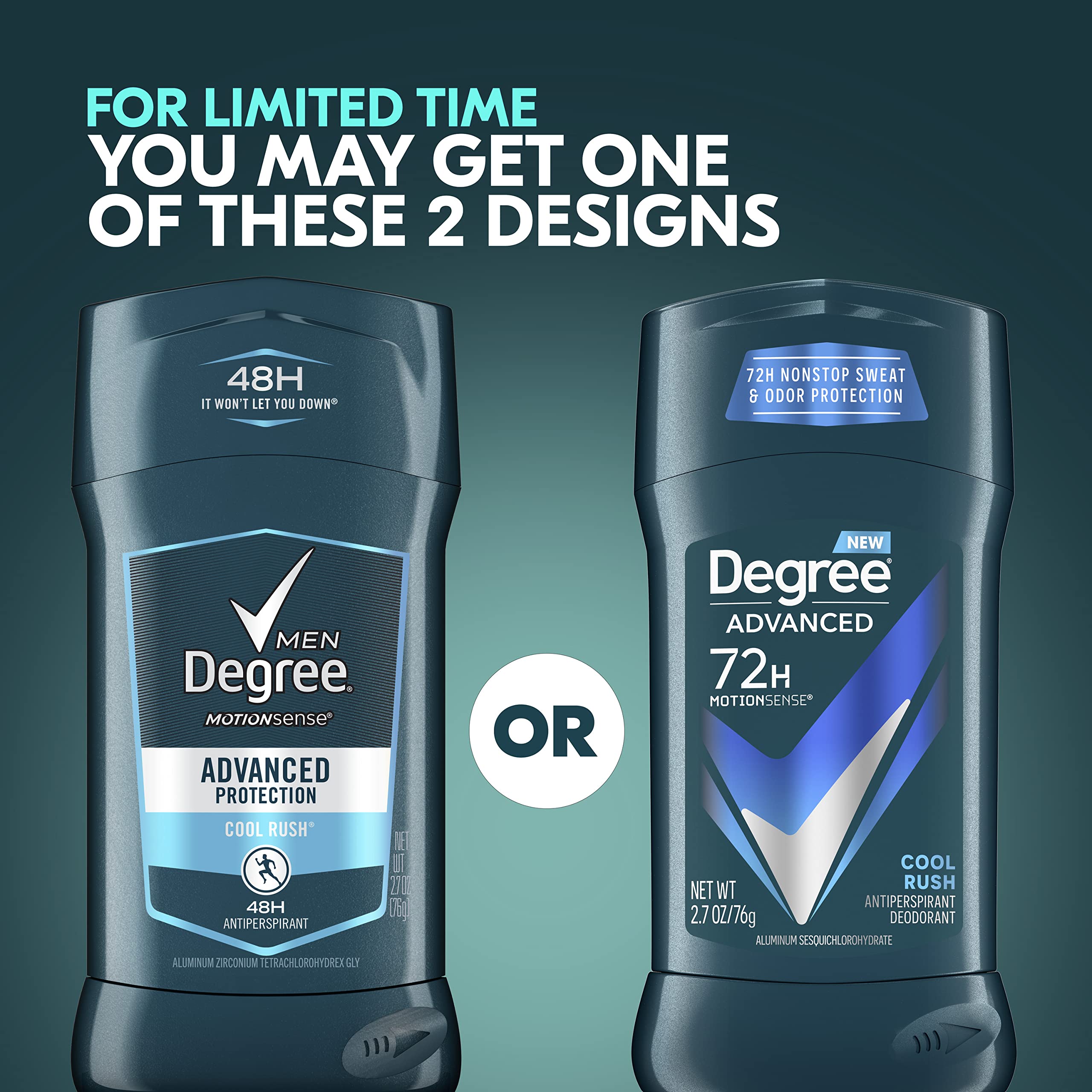 DEGREE Men Antiperspirant Deodorant 48Hour Protection Deodorant for Men oz 4 Count, Cool Rush, 2.7 Ounce